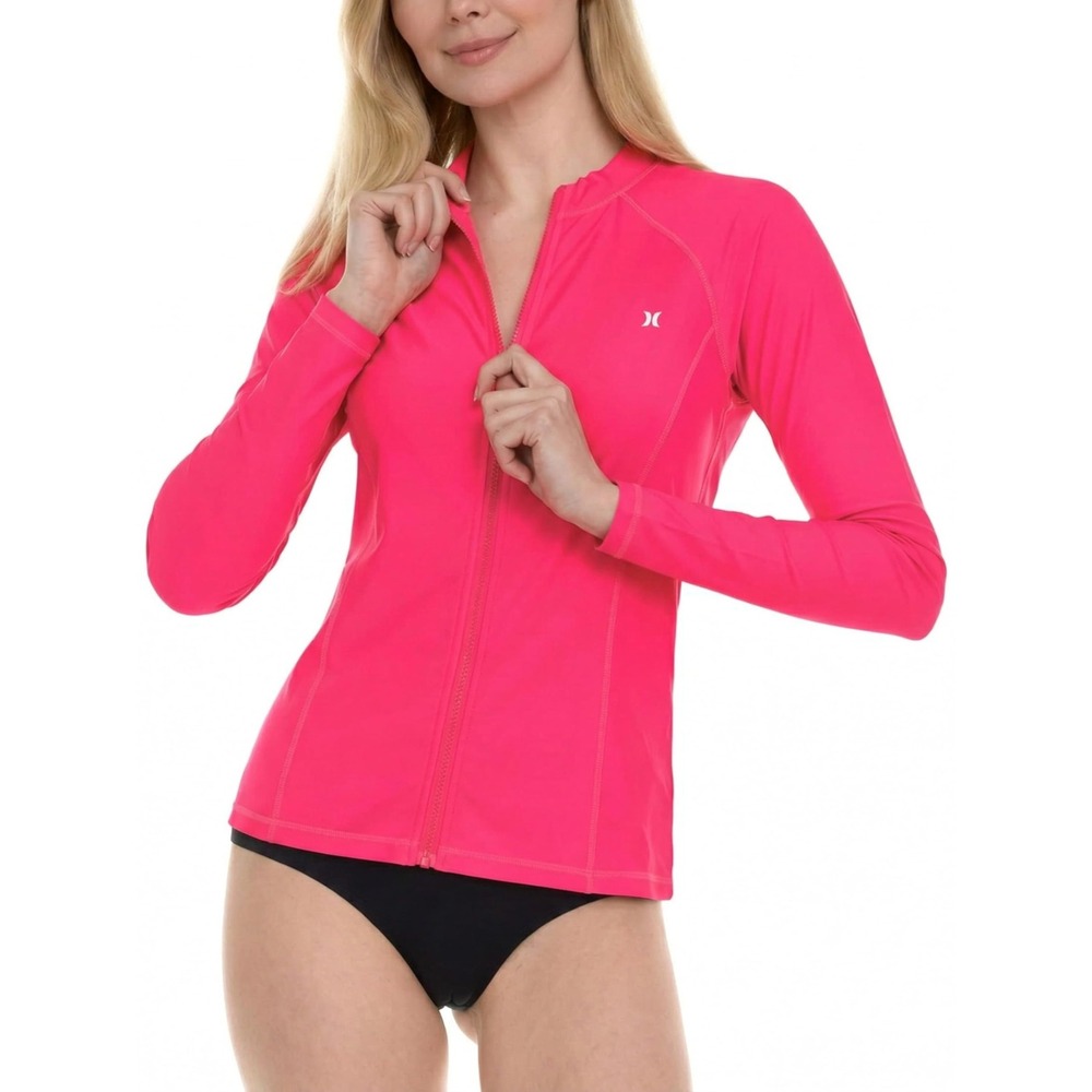 NWT Hurley Full Zip UPF 50+ Long Sleeve Rash Guard Swim Shirt Hot Pink Small